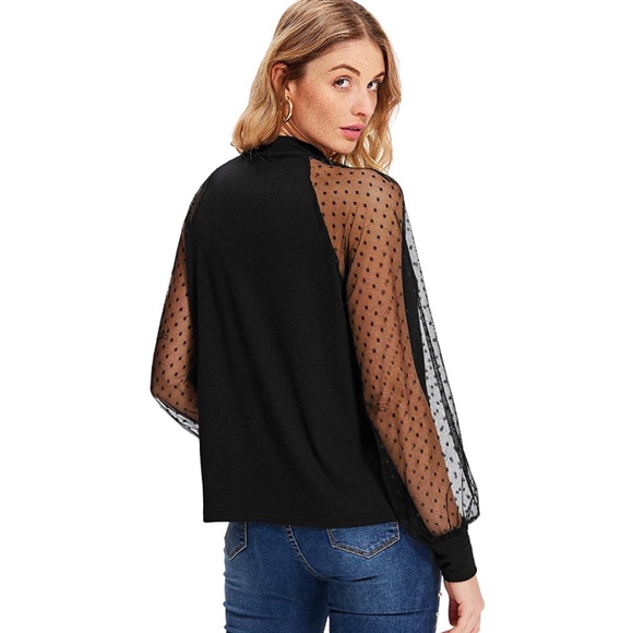 Sheer Mesh Dot Raglan Wide Cuff Blouse - Picture 2 of 4